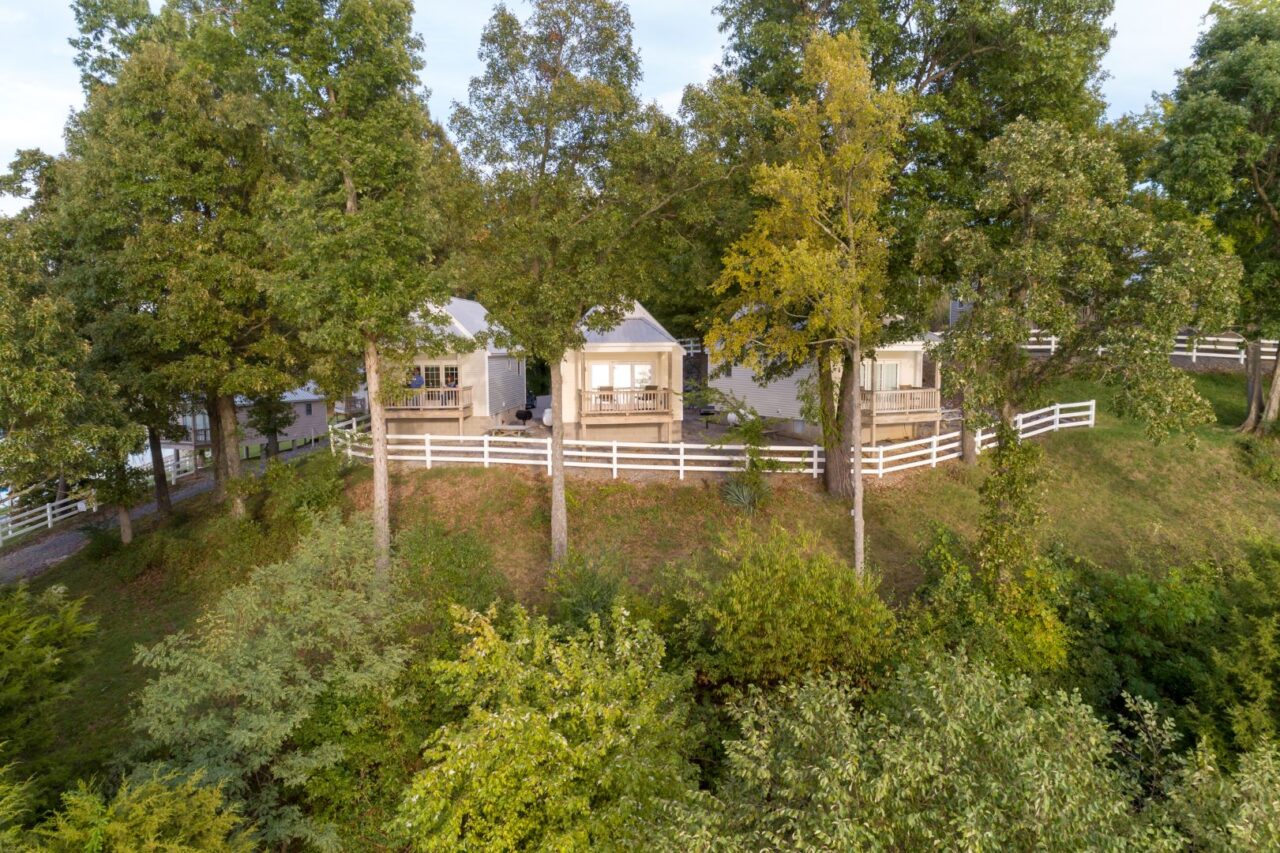cottages on top of hill surrounded by trees